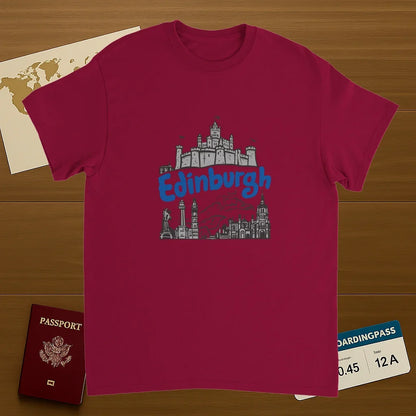 cardinal red Edinburgh Scotland Unisex Travel T-Shirt on wooden background with world map, passport, and boarding pass