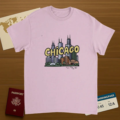 light pink Chicago USA Unisex Travel T-Shirt on wooden background with world map, passport, and boarding pass