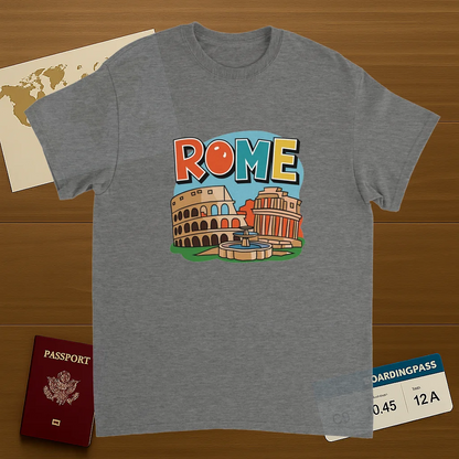 sport grey Rome Italy Unisex Travel T-Shirt on wooden background with world map, passport, and boarding pass
