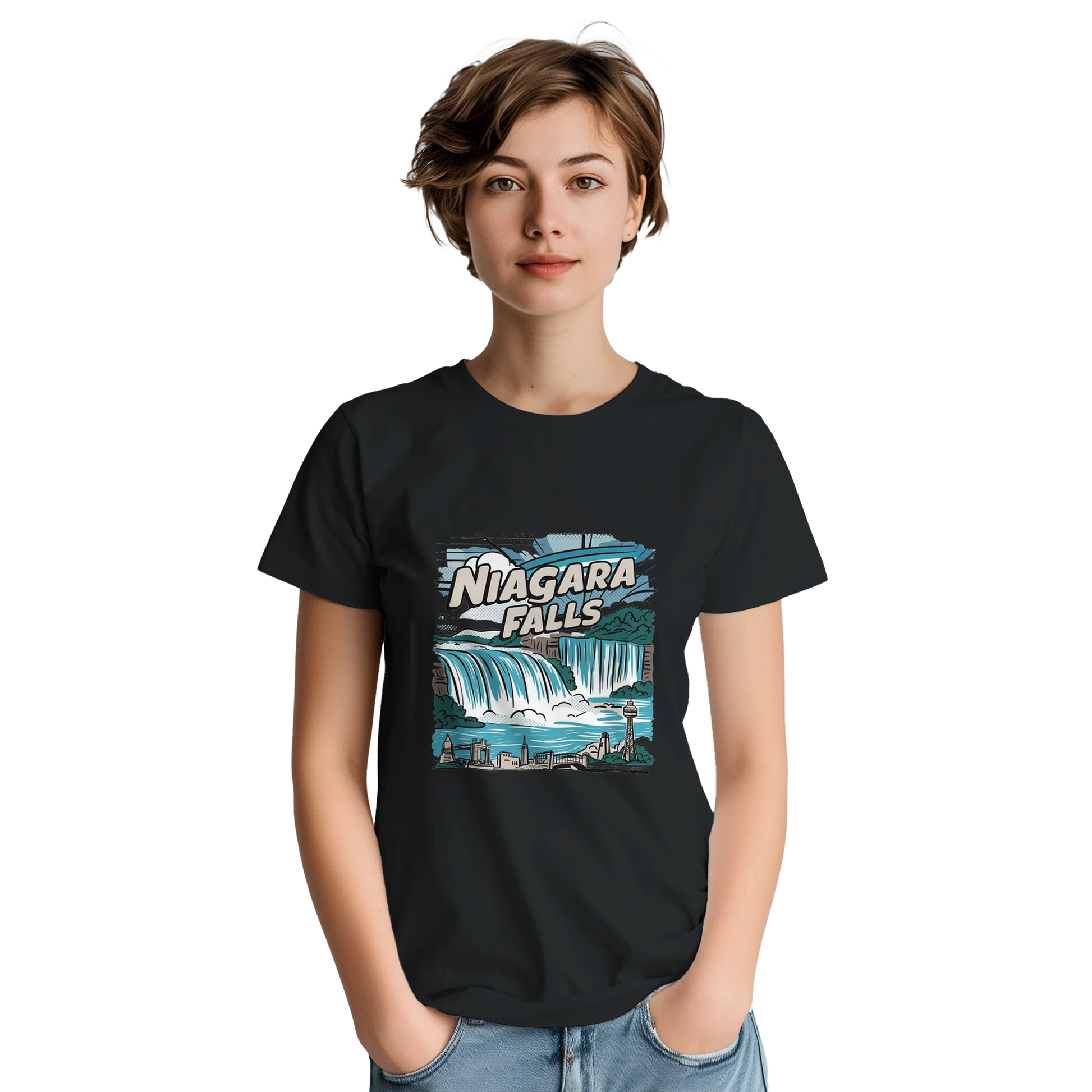 Niagara Falls Unisex Travel T-Shirt on wooden background with world map, passport, and boarding pass