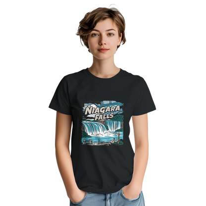 Niagara Falls Unisex Travel T-Shirt on wooden background with world map, passport, and boarding pass