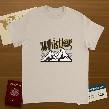 Whistler Canada Unisex Travel T-Shirt on wooden background with world map, passport, and boarding pass