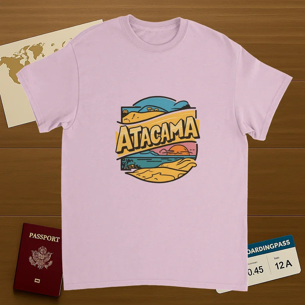 light pink Atacama Chile Unisex Travel T-Shirt on wooden background with world map, passport, and boarding pass