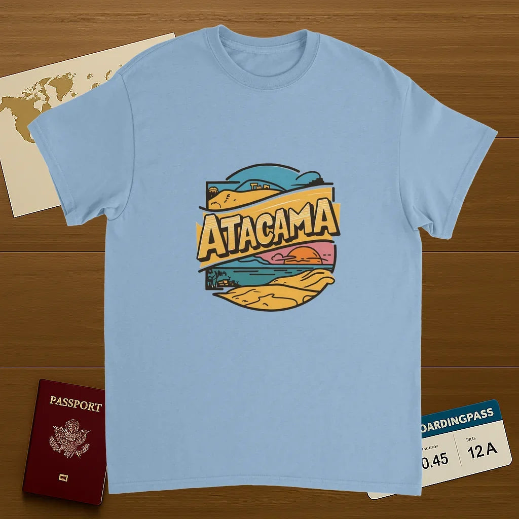 light blue Atacama Chile Unisex Travel T-Shirt on wooden background with world map, passport, and boarding pass