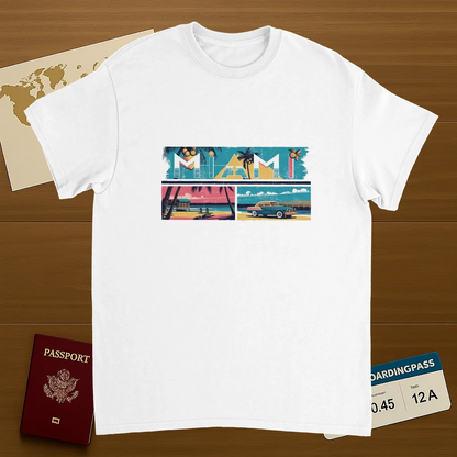 white Miami USA Unisex Travel T-Shirt featuring a person