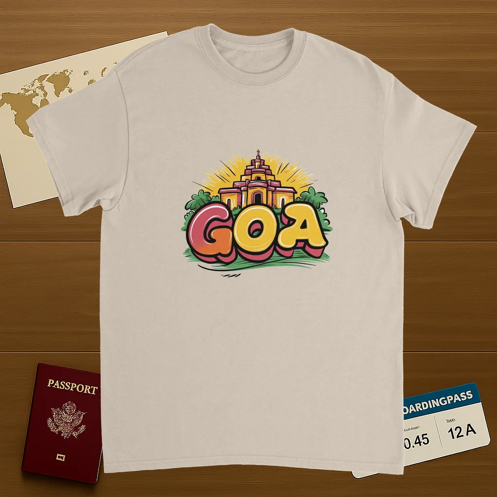 Goa India Unisex Travel T-Shirt on wooden background with world map, passport, and boarding pass