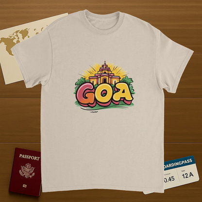 Goa India Unisex Travel T-Shirt on wooden background with world map, passport, and boarding pass