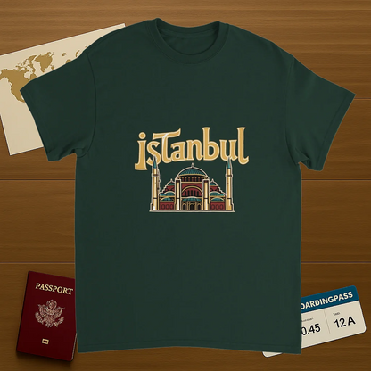 forest green Istanbul Turkey Unisex Travel T-Shirt on wooden background with world map, passport, and boarding pass
