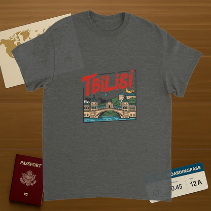 Tbilisi Georgia Unisex Travel T-Shirt on wooden background with world map, passport, and boarding pass