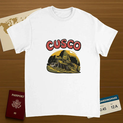white Cusco Peru Unisex Travel T-Shirt on wooden background with world map, passport, and boarding pass