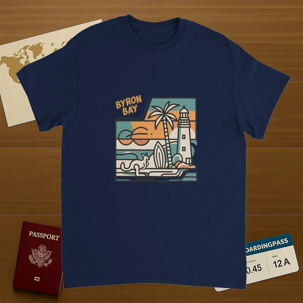 navy Byron Bay Australia Unisex Travel T-Shirt on wooden background with world map, passport, and boarding pass