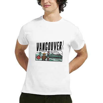 Vancouver Canada Unisex Travel T-Shirt on wooden background with world map, passport, and boarding pass