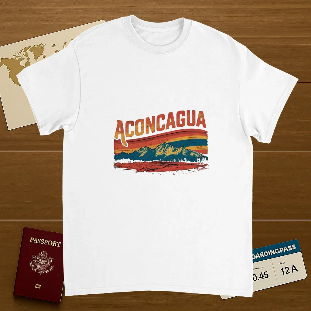 white Aconcagua Argentina Unisex Travel T-Shirt on wooden background with world map, passport, and boarding pass