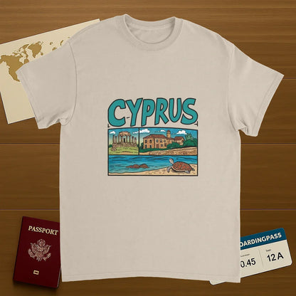 Cyprus Unisex Travel T-Shirt on wooden background with world map, passport, and boarding pass