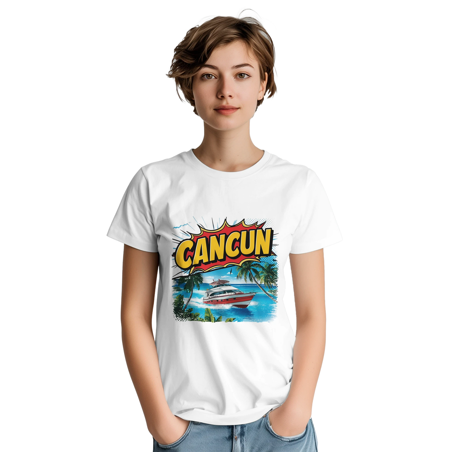 Cancún Mexico Unisex Travel T-Shirt on wooden background with world map, passport, and boarding pass