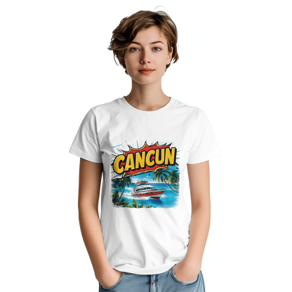 Cancún Mexico Unisex Travel T-Shirt on wooden background with world map, passport, and boarding pass