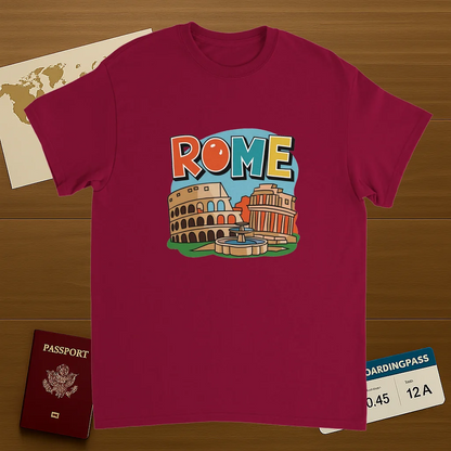 cardinal red Rome Italy Unisex Travel T-Shirt on wooden background with world map, passport, and boarding pass