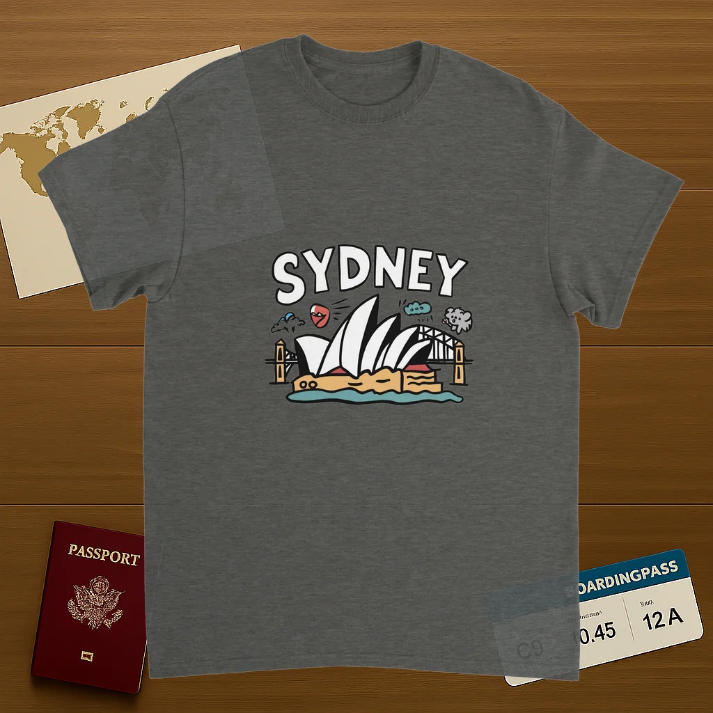 Sydney Australia Unisex Travel T-Shirt on wooden background with world map, passport, and boarding pass