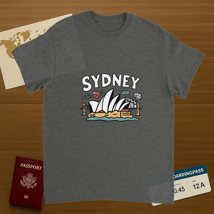 Sydney Australia Unisex Travel T-Shirt on wooden background with world map, passport, and boarding pass