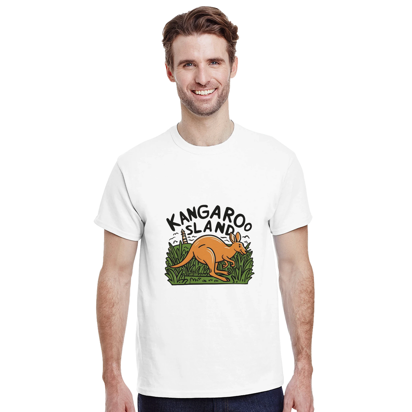 Kangaroo Island Australia Unisex Travel T-Shirt on wooden background with world map, passport, and boarding pass
