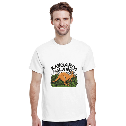 Kangaroo Island Australia Unisex Travel T-Shirt on wooden background with world map, passport, and boarding pass