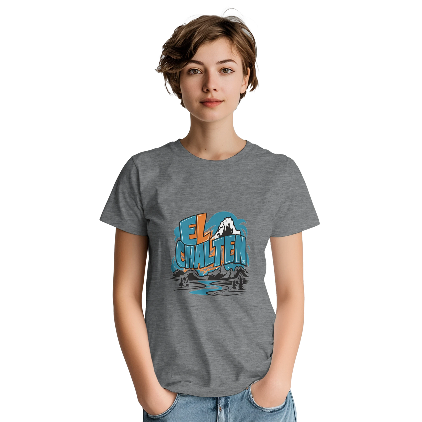 El Chaltén Argentina Unisex Travel T-Shirt on wooden background with world map, passport, and boarding pass