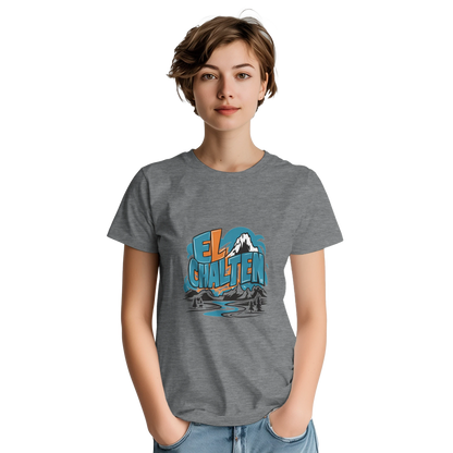 El Chaltén Argentina Unisex Travel T-Shirt on wooden background with world map, passport, and boarding pass