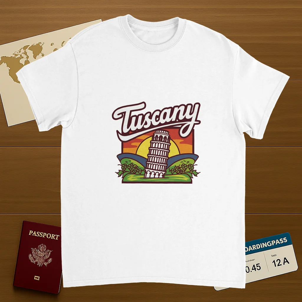 white Tuscany Italy Unisex Travel T-Shirt on wooden background with world map, passport, and boarding pass