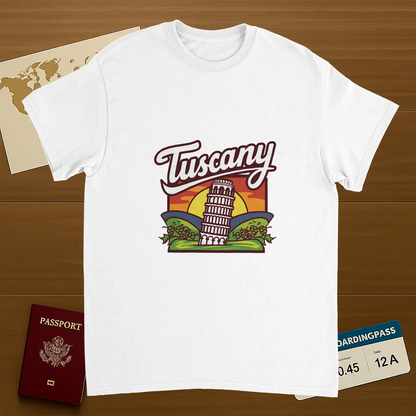 white Tuscany Italy Unisex Travel T-Shirt on wooden background with world map, passport, and boarding pass