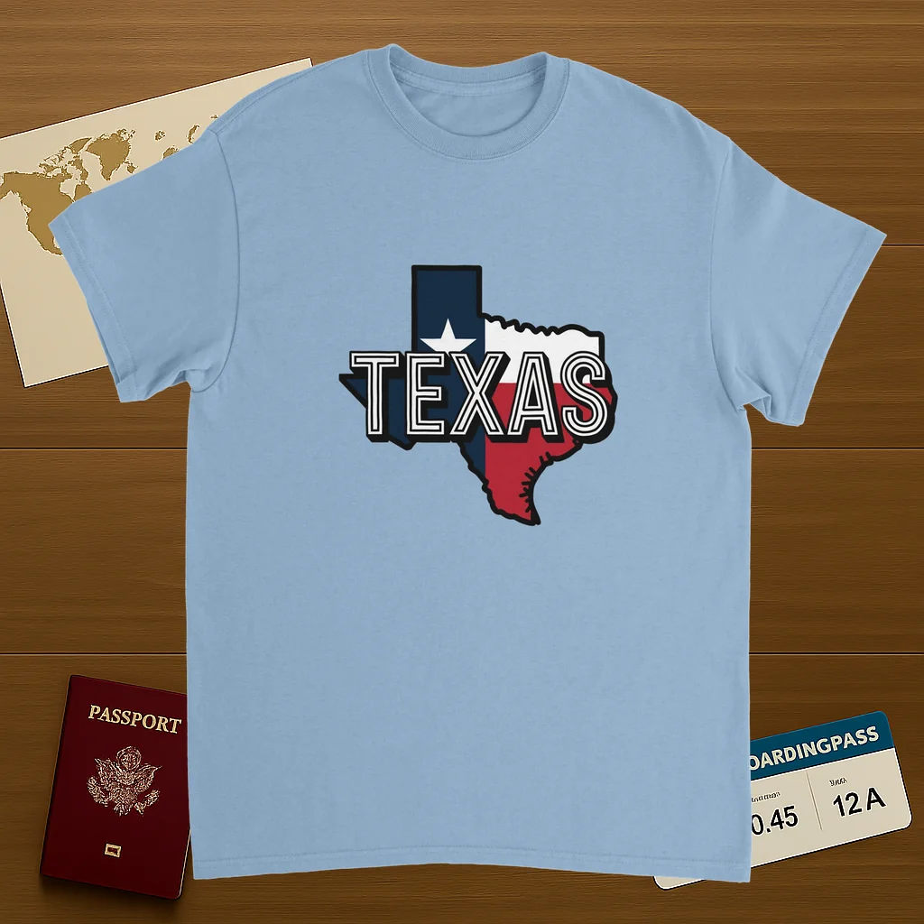 light blue Texas USA Unisex Travel T-Shirt on wooden background with world map, passport, and boarding pass
