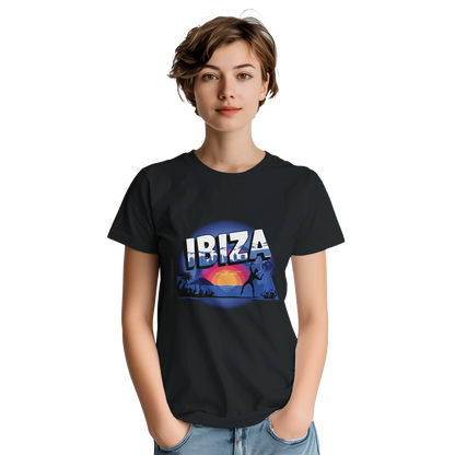 Ibiza Unisex Travel T-Shirt on wooden background with world map, passport, and boarding pass