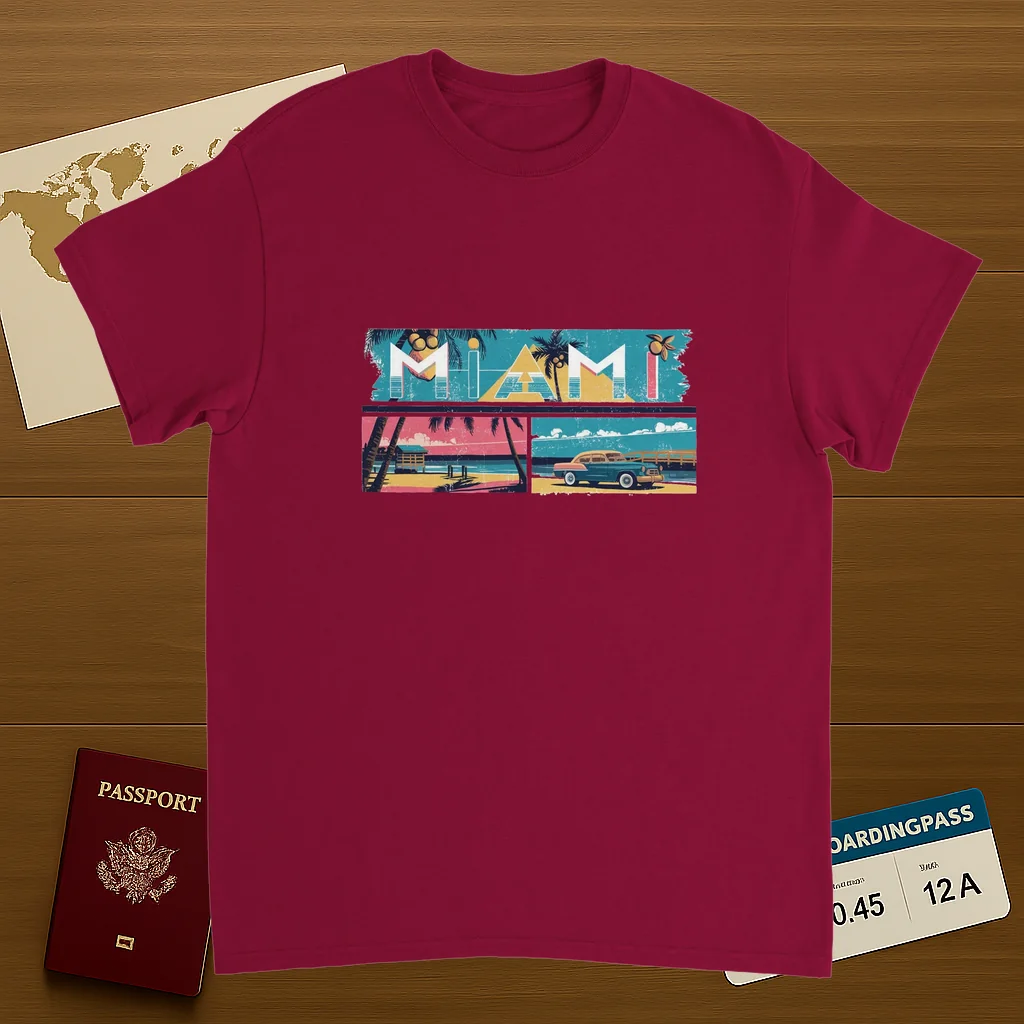 cardinal red Miami USA Unisex Travel T-Shirt on wooden background with world map, passport, and boarding pass
