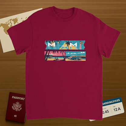 cardinal red Miami USA Unisex Travel T-Shirt on wooden background with world map, passport, and boarding pass