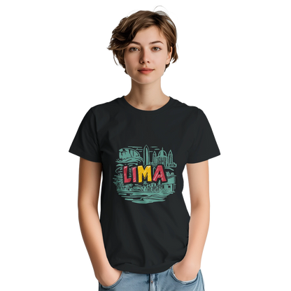 Lima Peru Unisex Travel T-Shirt on wooden background with world map, passport, and boarding pass
