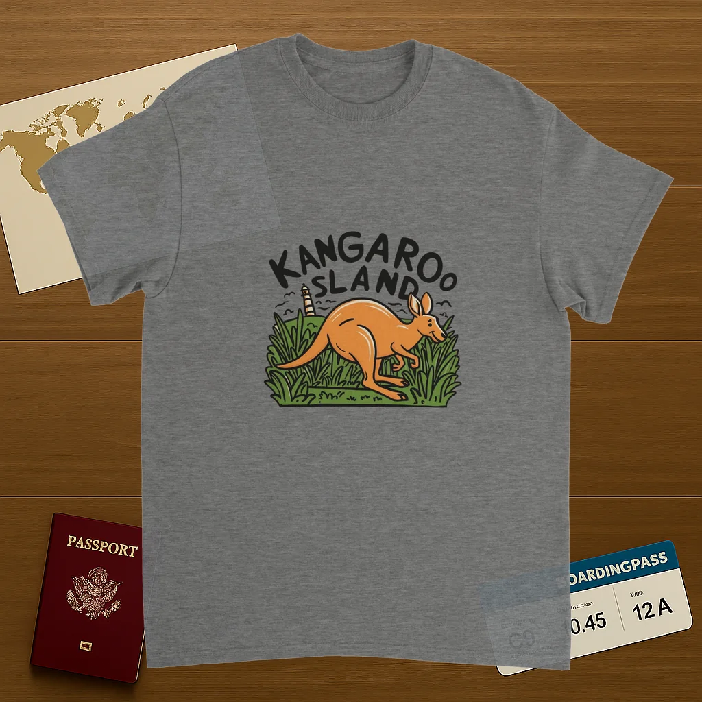 sport grey Kangaroo Island Australia Unisex Travel T-Shirt on wooden background with world map, passport, and boarding pass