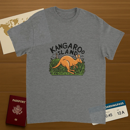 sport grey Kangaroo Island Australia Unisex Travel T-Shirt on wooden background with world map, passport, and boarding pass