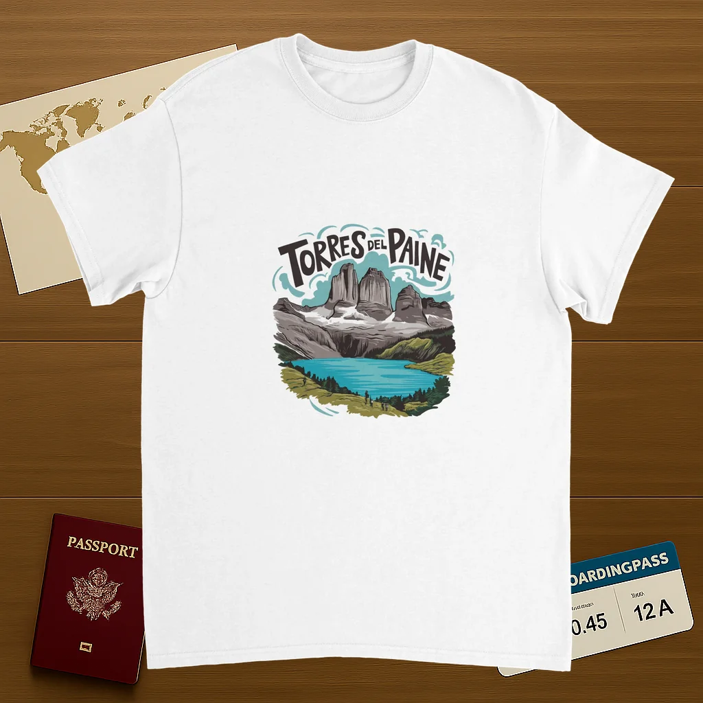 white Torres del Paine Chile Unisex Travel T-Shirt on wooden background with world map, passport, and boarding pass