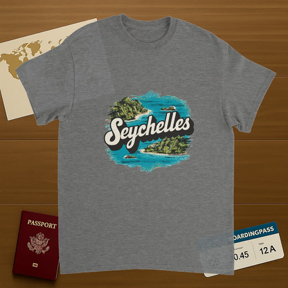 sport grey Seychelles Unisex Travel T-Shirt on wooden background with world map, passport, and boarding pass