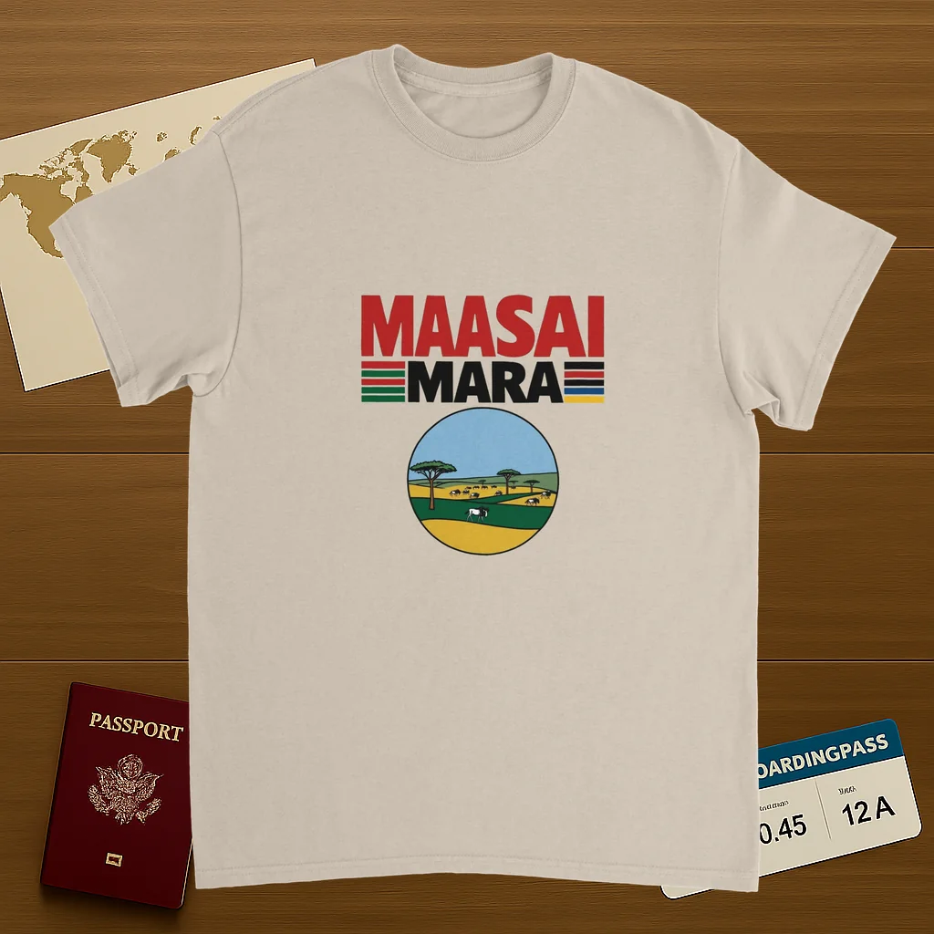 Maasai Mara Unisex Travel T-Shirt on wooden background with world map, passport, and boarding pass