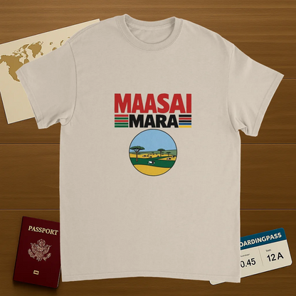 Maasai Mara Unisex Travel T-Shirt on wooden background with world map, passport, and boarding pass