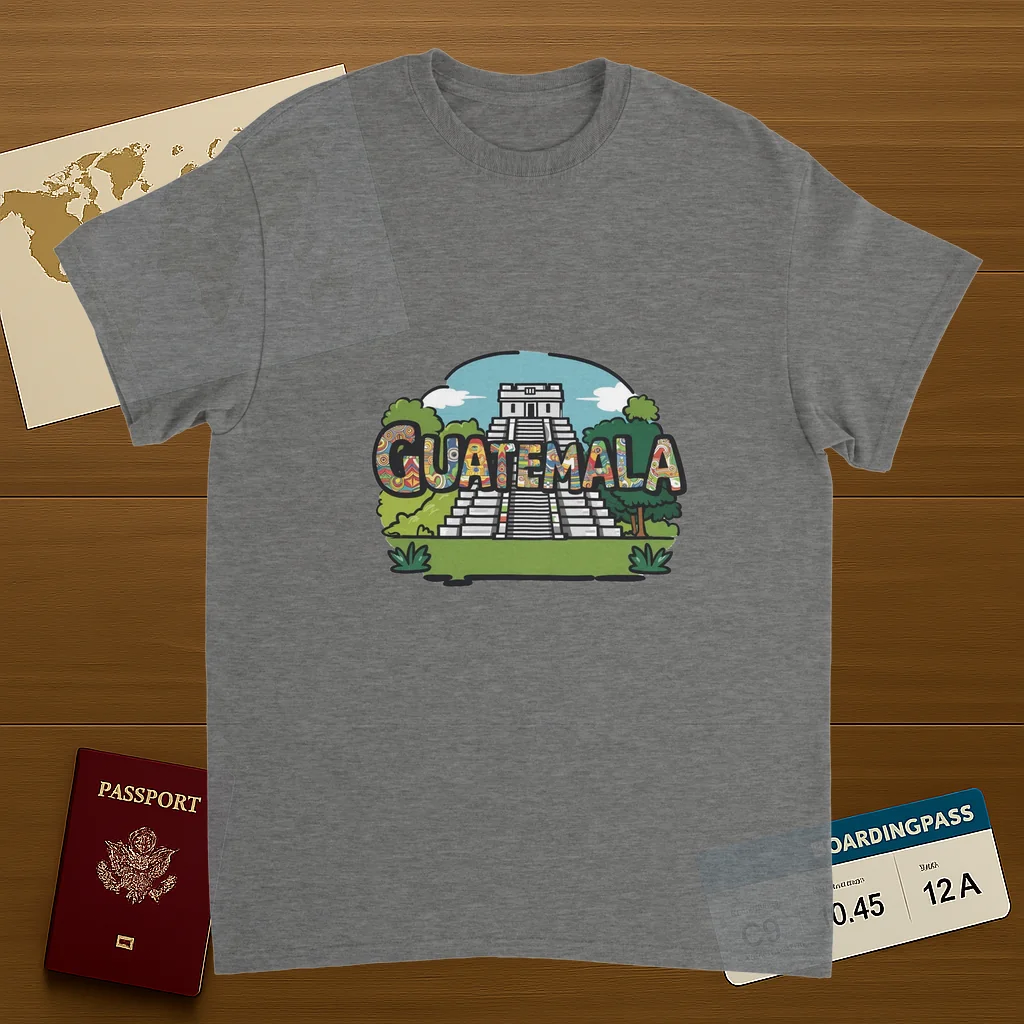sport grey Guatemala Unisex Travel T-Shirt on wooden background with world map, passport, and boarding pass