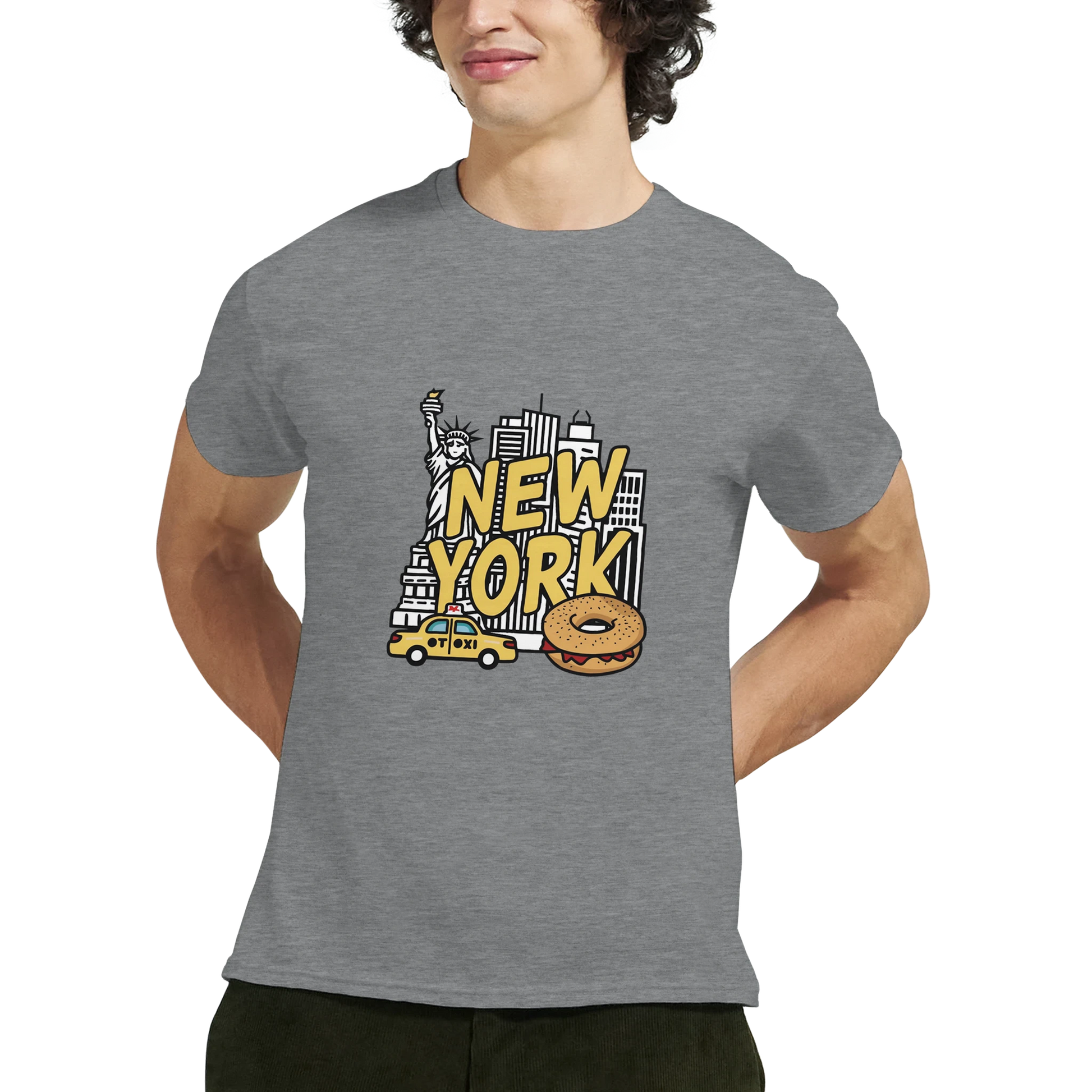 New York USA Unisex Travel T-Shirt on wooden background with world map, passport, and boarding pass