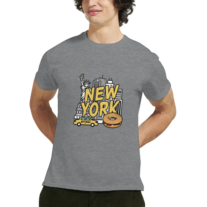 New York USA Unisex Travel T-Shirt on wooden background with world map, passport, and boarding pass