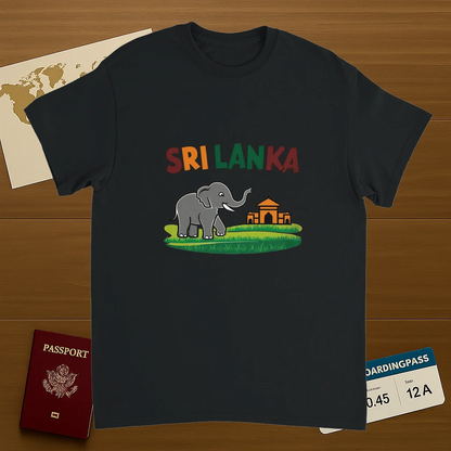 black Sri Lanka Unisex Travel T-Shirt on wooden background with world map, passport, and boarding pass
