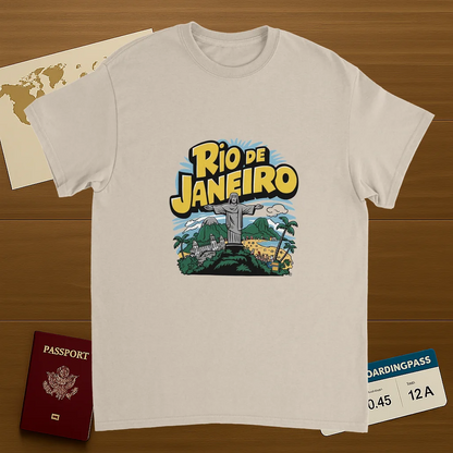 Rio de Janeiro Brazil Unisex Travel T-Shirt on wooden background with world map, passport, and boarding pass