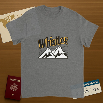 sport grey Whistler Canada Unisex Travel T-Shirt on wooden background with world map, passport, and boarding pass