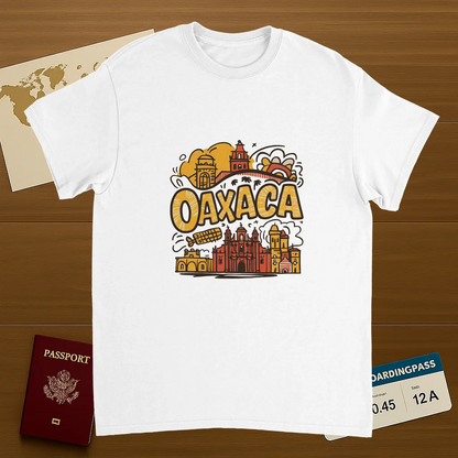white Oaxaca Mexico Unisex Travel T-Shirt on wooden background with world map, passport, and boarding pass