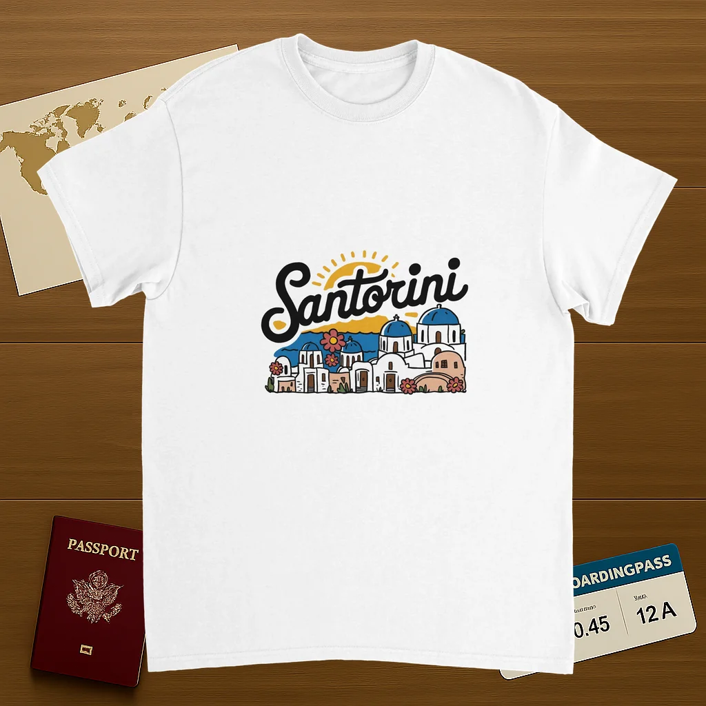 white Santorini Greece Unisex Travel T-Shirt on wooden background with world map, passport, and boarding pass