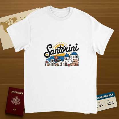 white Santorini Greece Unisex Travel T-Shirt on wooden background with world map, passport, and boarding pass