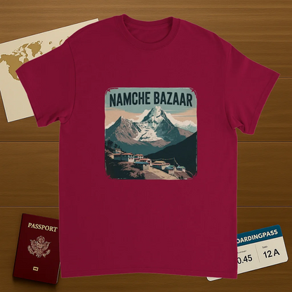 cardinal red Namche Bazaar Nepal Unisex Travel T-Shirt on wooden background with world map, passport, and boarding pass